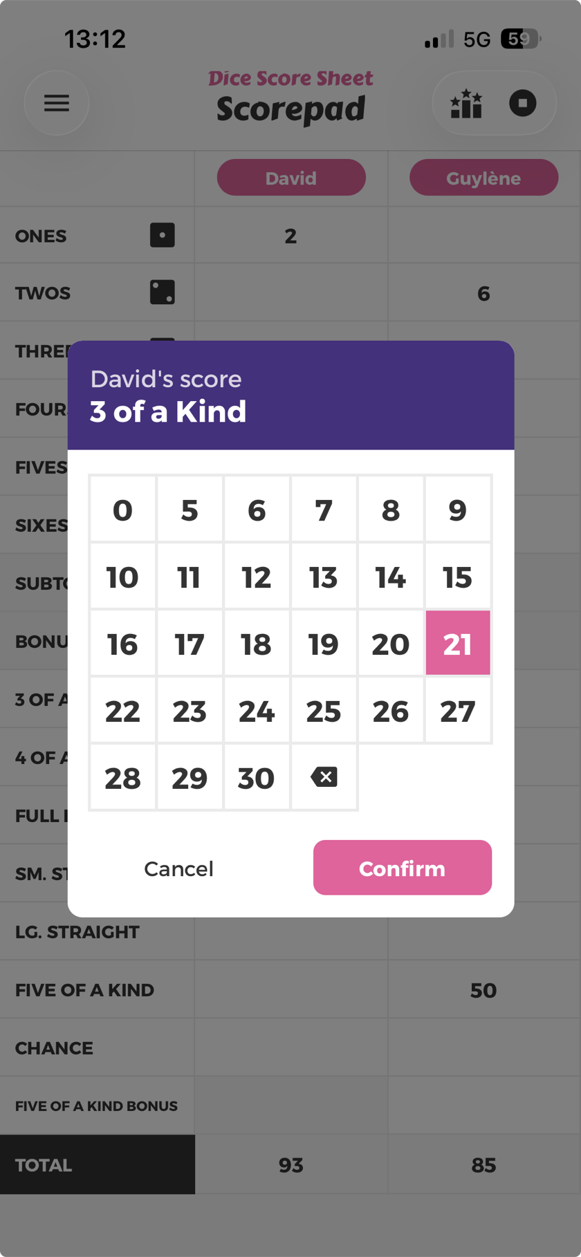 Entering a score for three of a kind by tapping a number